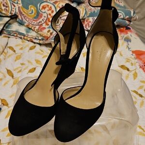 Ann Taylor,Black Suede Wedge Heels With Ankle Straps.